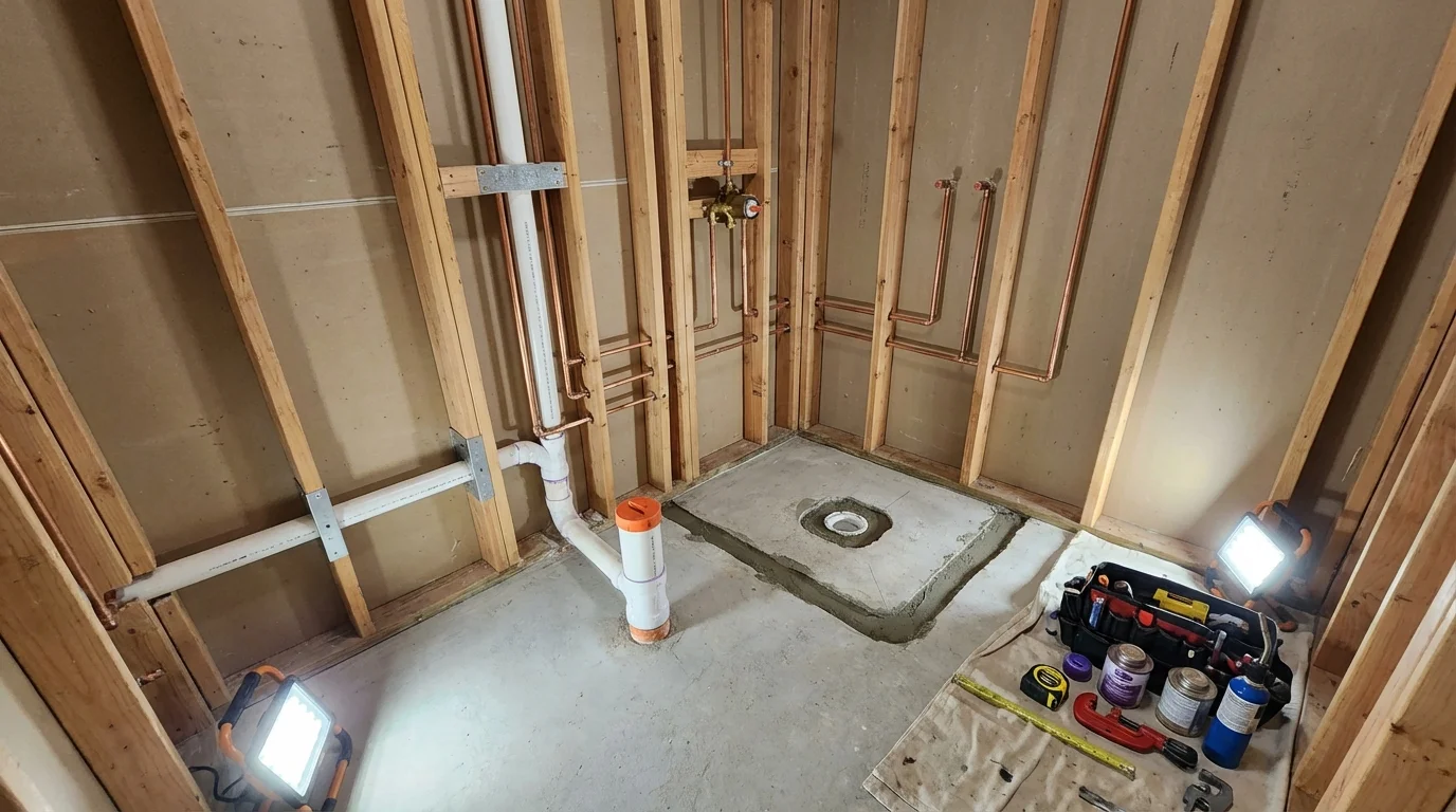 Bathroom rough-in plumbing during remodel by Johns Plumbing LLC in Leeds