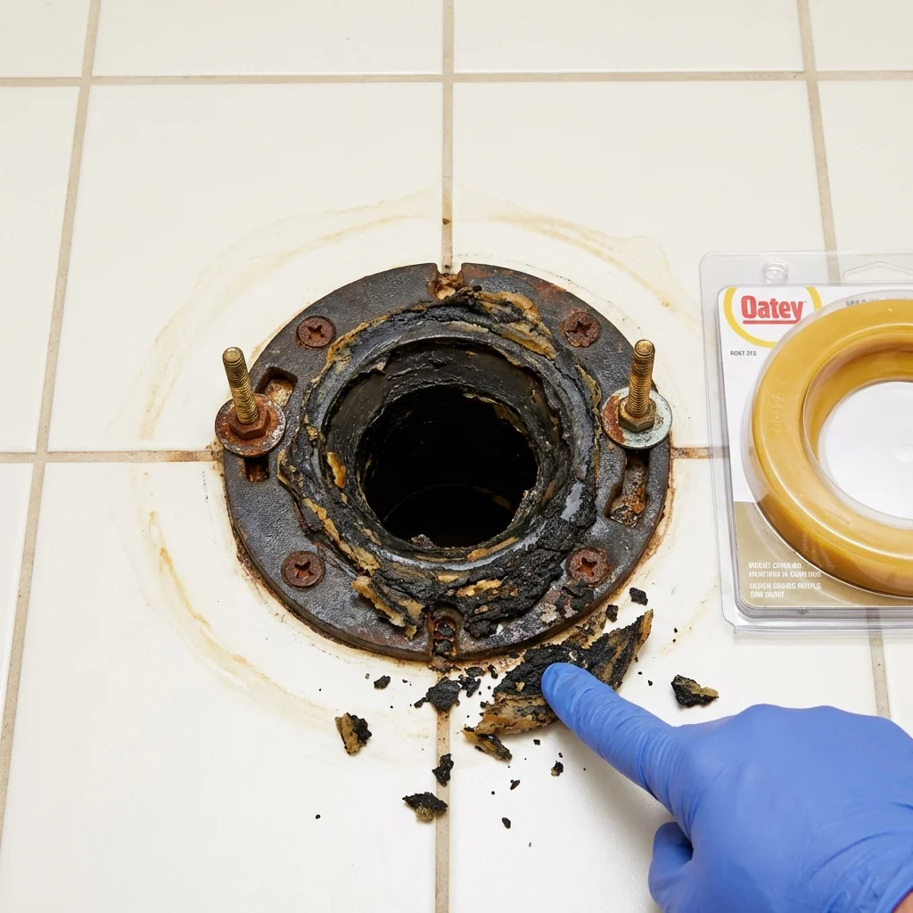 Failed wax ring showing water seepage at the base of a toilet in a Leeds, AL home