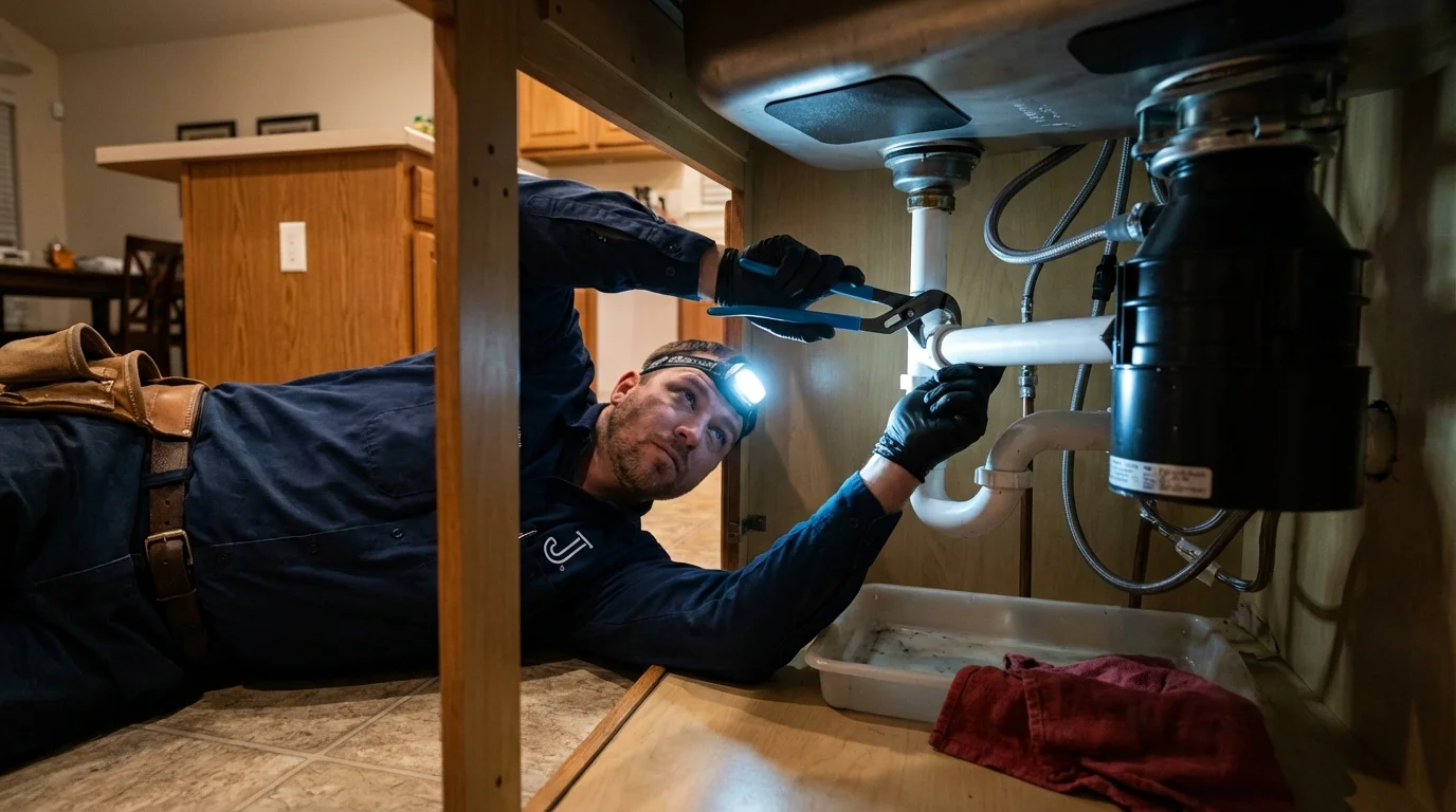 P-trap and supply line connections under a kitchen sink showing a common leak point in Leeds, AL